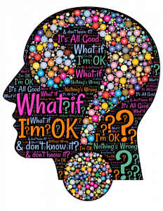 a human head in silhouette with questions populating the inside of the head