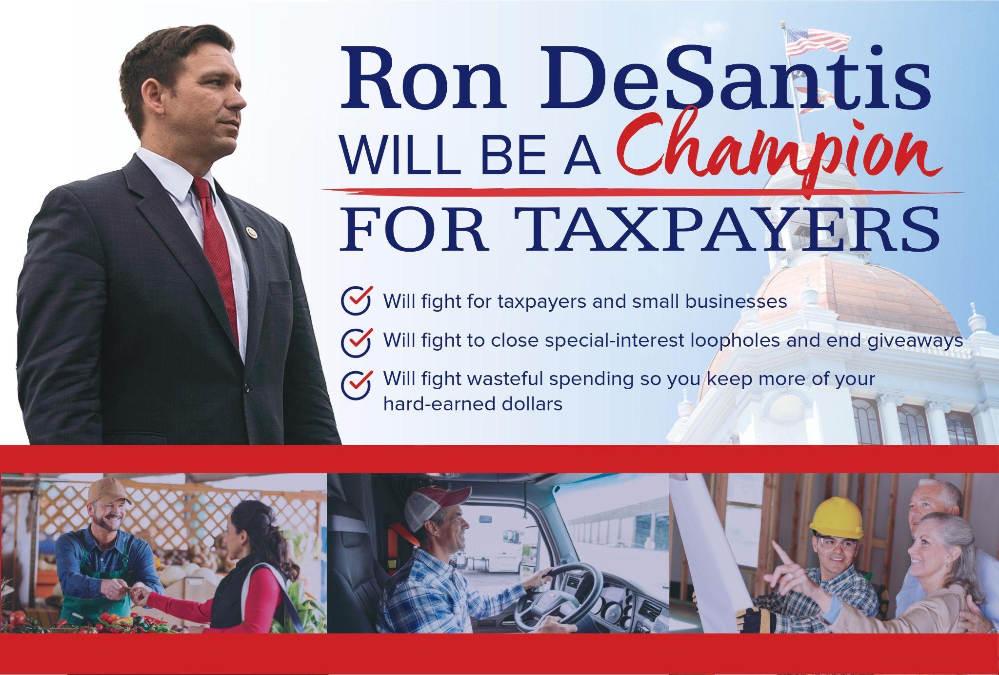 A campaign ad depicting Ron DeSantis and several photos of workers in various settings (market, driving a truck, at a construction site).