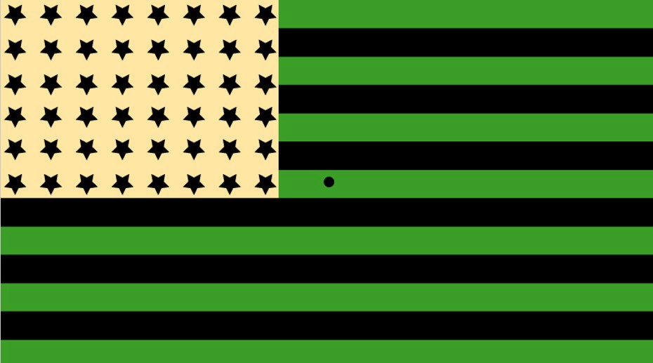 Image of an american flag with green and black strips and black stars on a yellow background.
