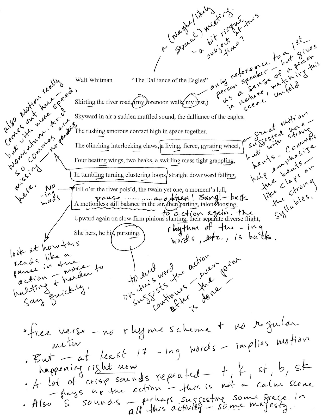 A typed Walt Whitman poem with handwritten marks and annotations all around it.