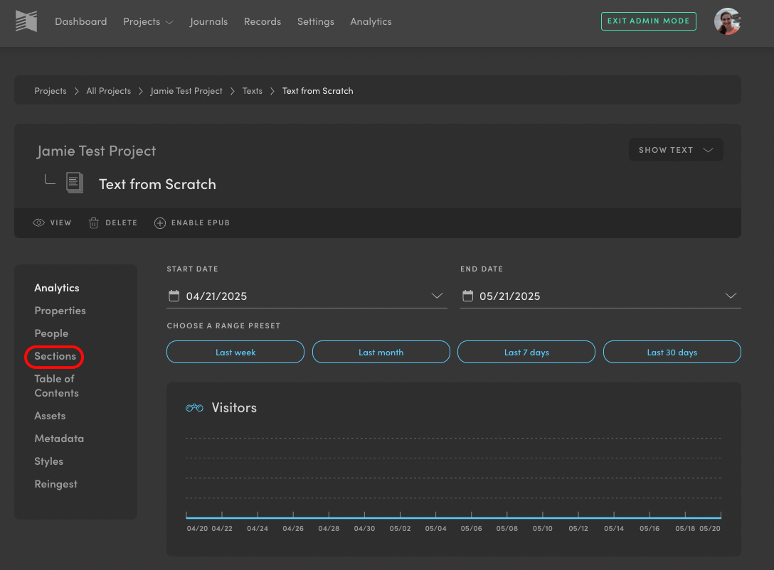 Screenshot of Manifold showing the Sections button highlighted.