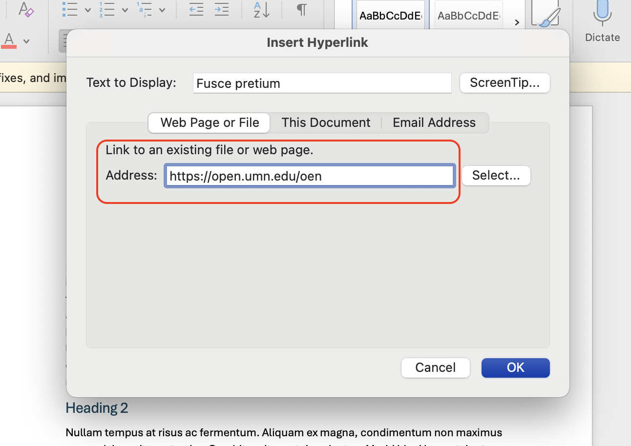 screenshot of word doc showing where to paste in your URL to hyperlink text.