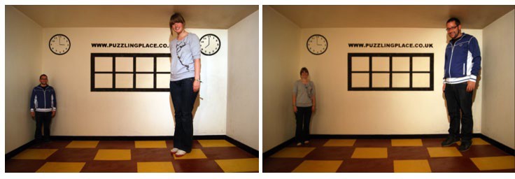 Picture of people switching positions in the Ames room