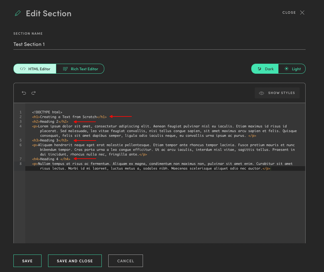Manifold screenshot with HTML tags for  Heading 1, Heading 2,  Heading 3, and Heading 4.