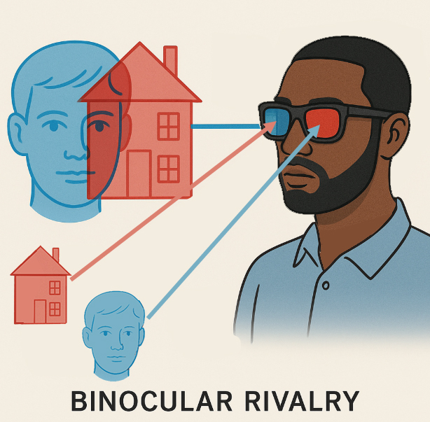  In binocular rivalry each eye is presented a different image. Here the eye covered with the red lens sees the blue image (the face) and the eye covered with the blue lens sees the red image (the house).