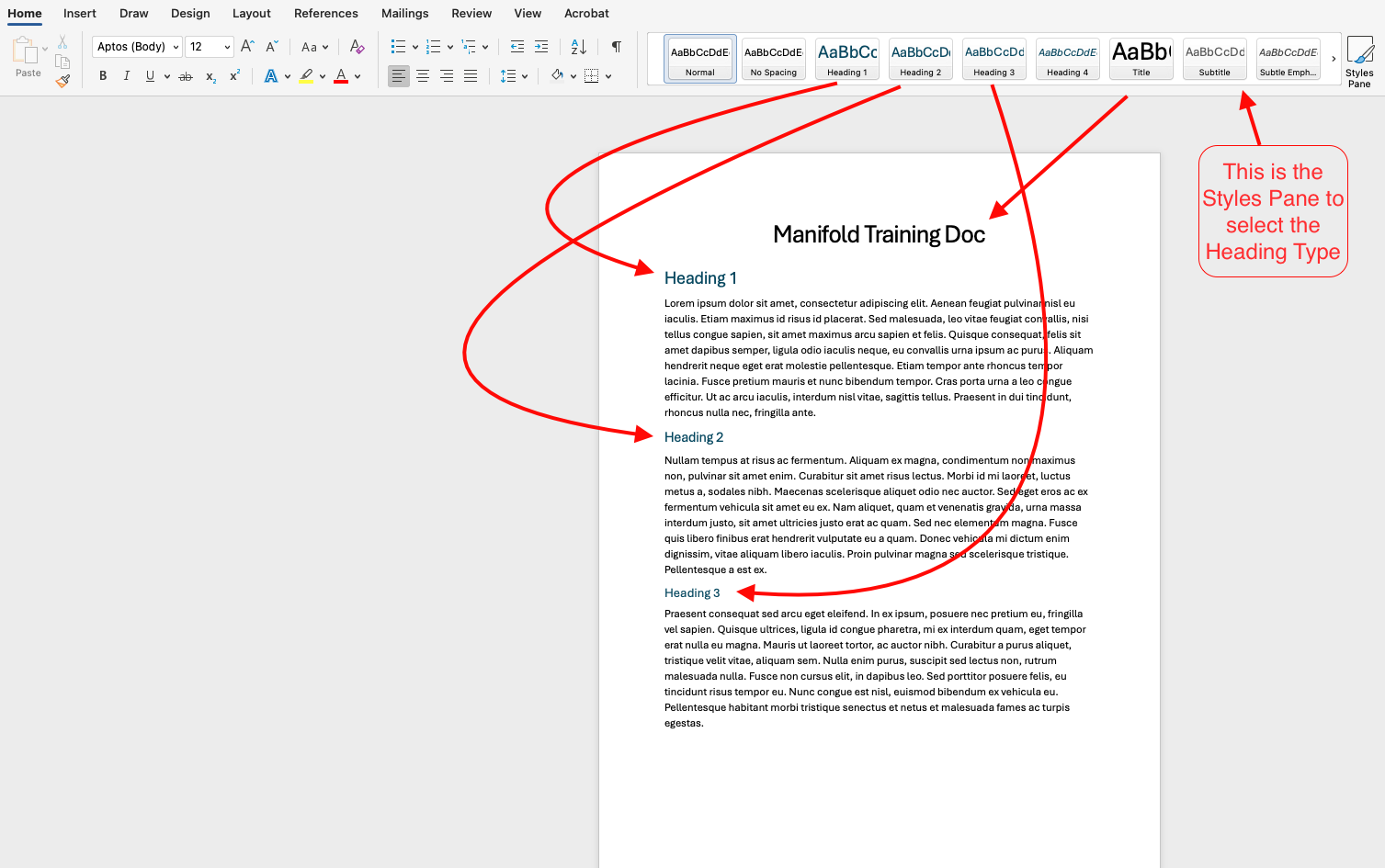 Screenshot of a Word Doc with the Styles Pane highlighted to show styles for Title, Heading 1, Heading 2, and Heading 3.