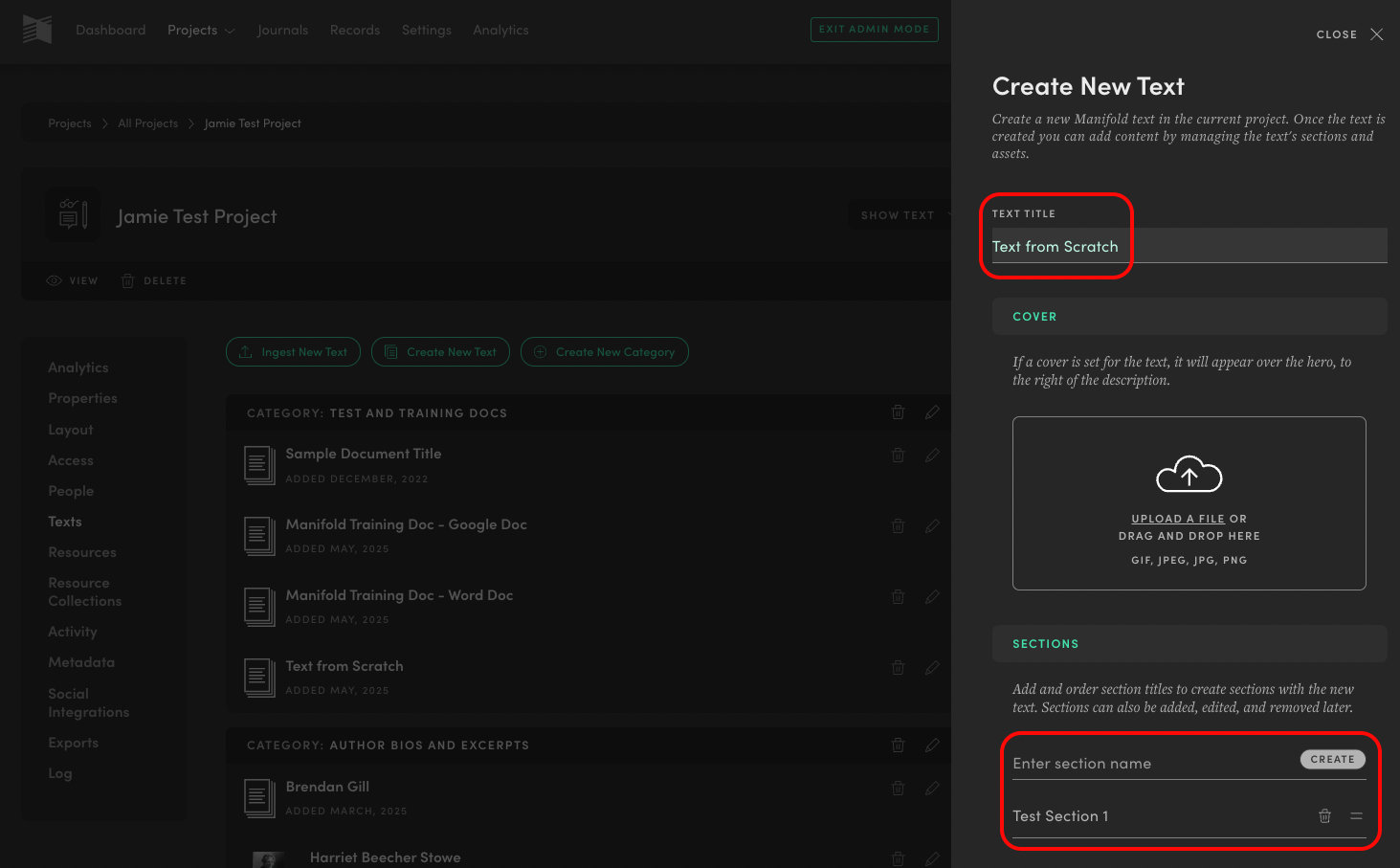 Screenshot of Manifold Creating a New Text with the Text Title input field and Section title input field highlighted 