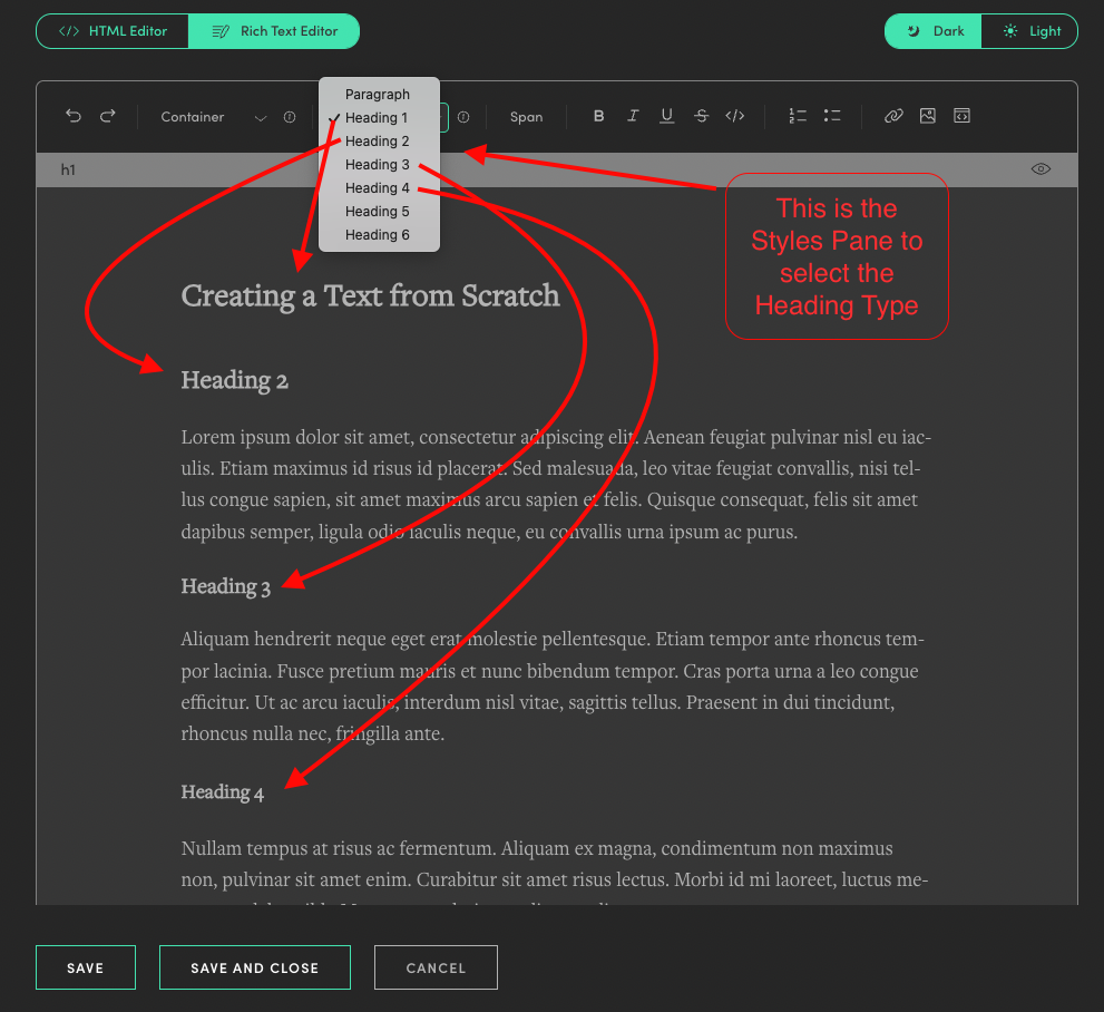 Manifold screenshot with the Styles Pane highlighted to show styles for Heading 1, Heading 2,  Heading 3, and Heading 4.