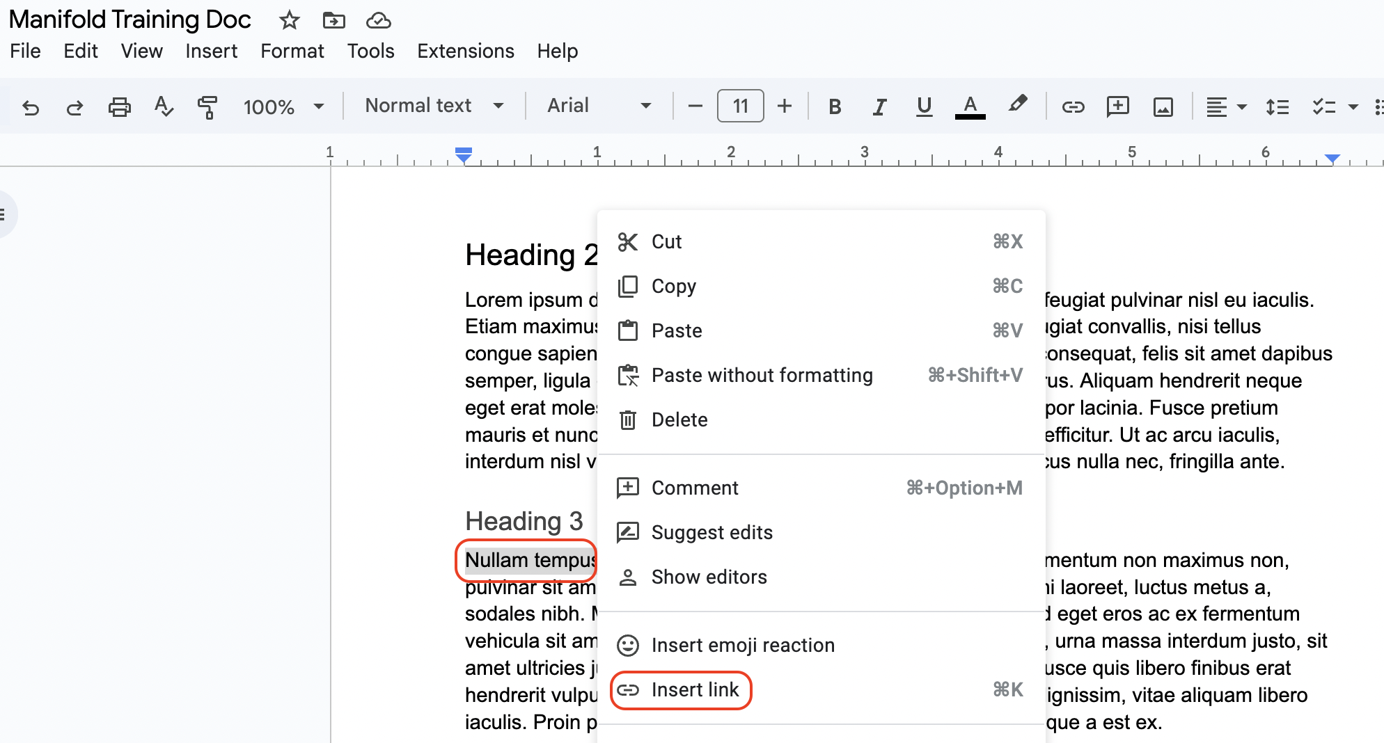 Screenshot of google Doc showing how to hyperlink text with meaningful text.
