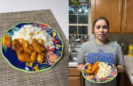 A plate of pollo guisado (rice and chicken stew) on a colorful plate and A woman holding a plate of pollo guisado (rice and chicken stew) on a colorful plate