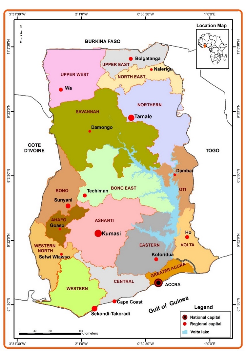 The map highlights Ghana's administrative regions, each in a different color, with their regional capitals marked by red dots. Key cities like Kumasi (Ashanti), Tamale (Northern), and Wa (Upper West) are shown. The national capital, Accra, is marked with a larger red circle in the southern Greater Accra region. 

Volta Lake, a prominent blue feature in the eastern part of the country, is depicted along with other important cities like Ho (Volta region) and Cape Coast (Central region). The map also includes a small inset of Africa showing Ghana's location on the continent.