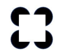 An optical illusion image consisting of four black circular shapes with a small white triangular cutout on each, positioned around a central white square. The circular shapes resemble Pac-Man figures, and their arrangement creates the illusion of a square in the center of the image.