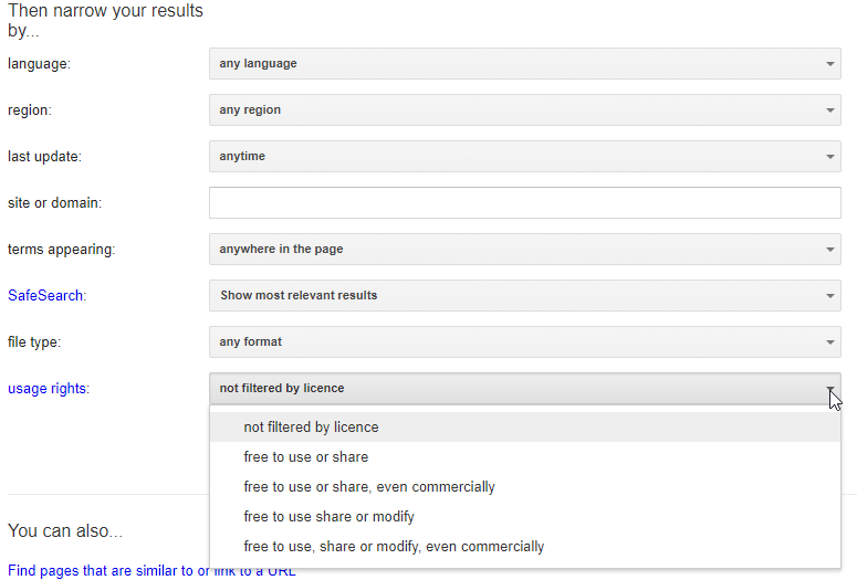 Google Advanced Search page showing search options for usage rights.