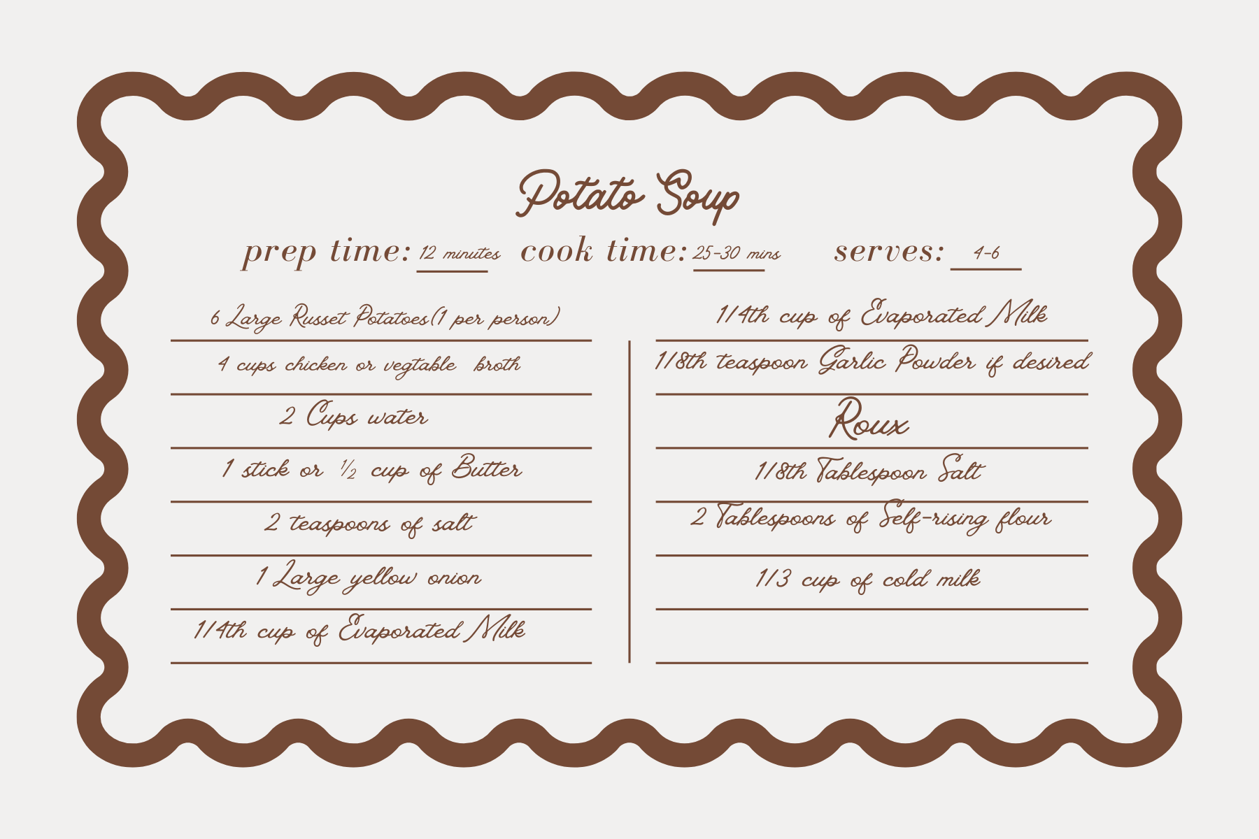 Image of a recipe card, made with Canva. The image has the ingredients for the Potato Soup. 