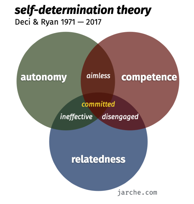 A venn diagram showing engagement as the center of autonomy, relatedness, and competence.