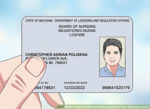 Illustration of a hand holding a State of Michigan nursing license