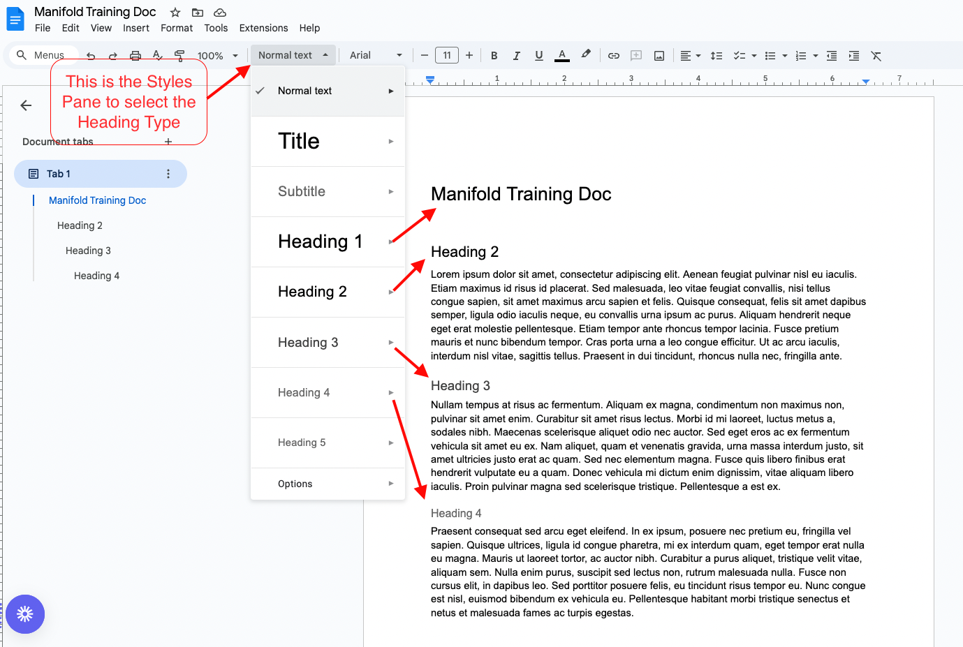 Screenshot of a Google Doc with the Styles Pane highlighted to show styles for Heading 1, Heading 2,  Heading 3, and Heading 4.