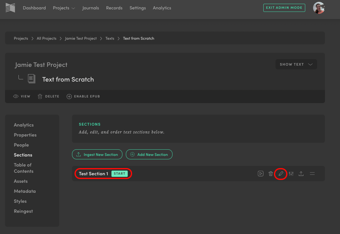 Manifold screenshot showing the section title we want to edit with the pencil icon highlighted to enter the manifold editor.