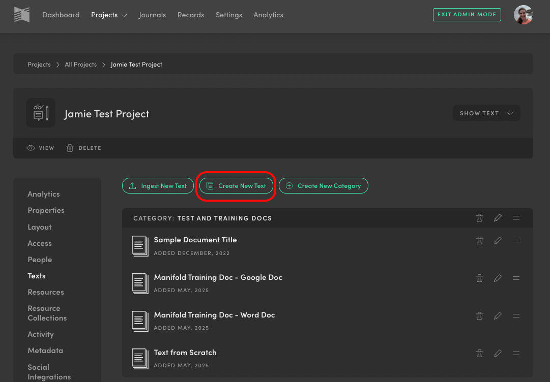Screenshot of Manifold to show the Create New Text button located in the middle of the three buttons.