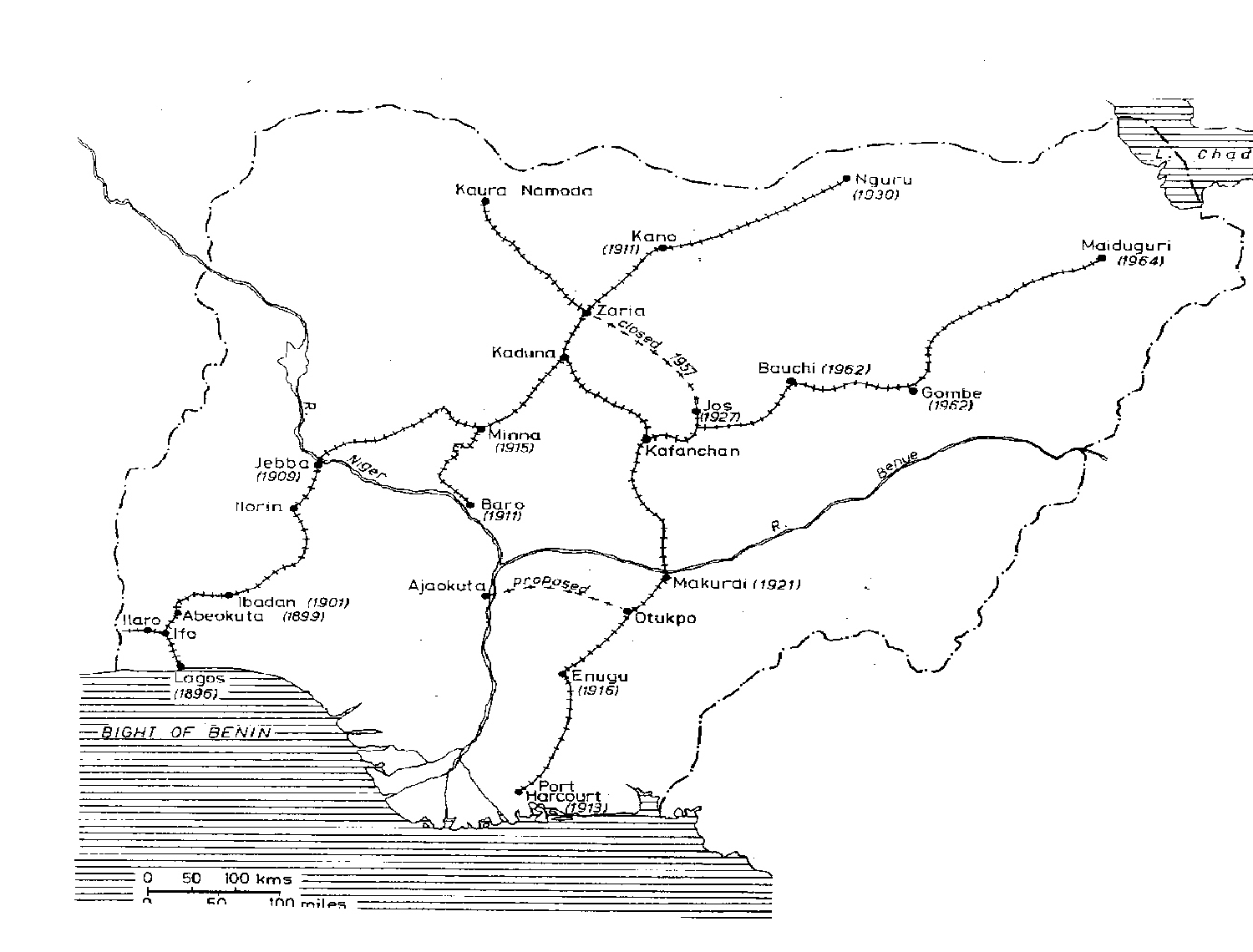 Map showing the Railway system of Nigeria running from the Bight of Benin to Chad.