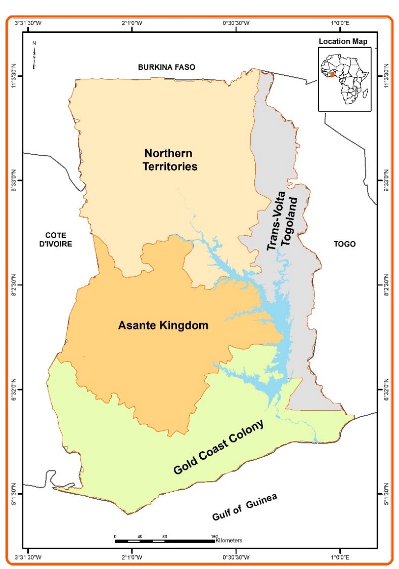 The image is a map of modern-day Ghana and its surrounding regions, showing historical and colonial territories. Here's a breakdown of the key areas:

Northern Territories: The northern part of the map, bordering Burkina Faso.
Asante Kingdom: A large central area labeled as the historic Asante (Ashanti) Kingdom.
Gold Coast Colony: The southern region along the Gulf of Guinea, which was historically the British Gold Coast Colony.
Trans-Volta Togoland: A region to the east, bordering Togo, labeled as Trans-Volta Togoland.
There is also a small inset map showing the location of this region within Africa.

The map outlines the major colonial and traditional divisions that existed in this area, illustrating Ghana's historical territorial divisions.