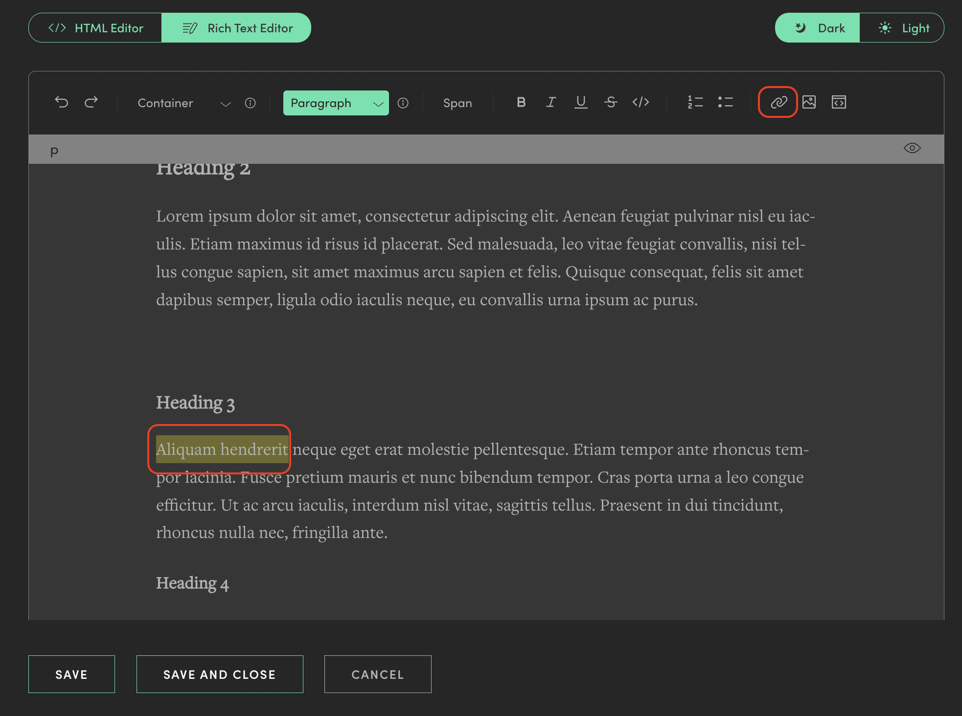 screenshot of Manifold Editor showing where the link icon is to hyperlink text.