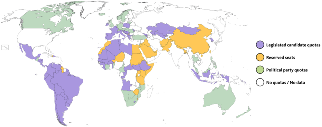 Countries with gender quotas in 2021. Data for single or lower house. Source: current data at idea.int/data-tools/data/gender-quotas
