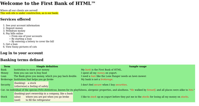 First bank assignment, with background colors, a list and recursive tables