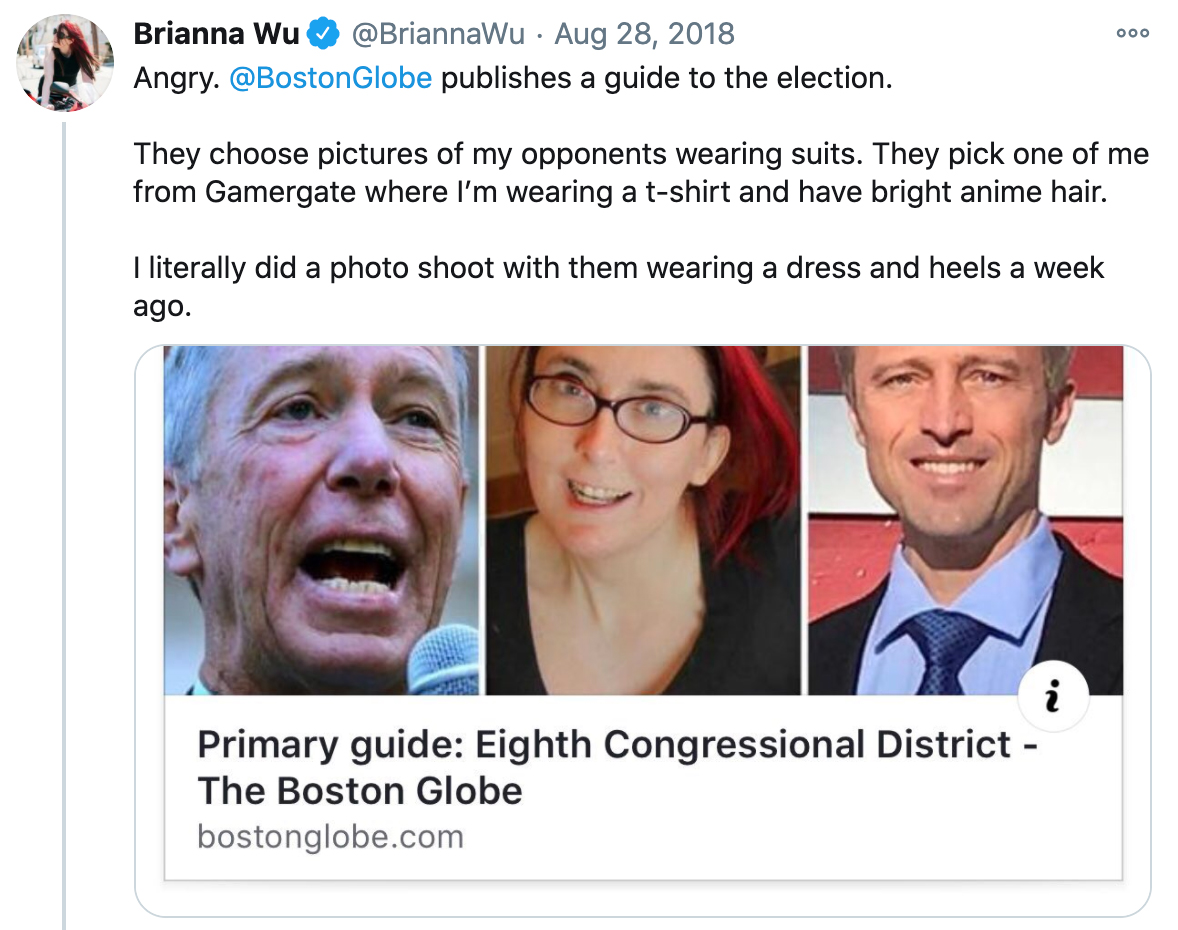 Brianna Wu’s tweet calling out the Boston Globe for sexism